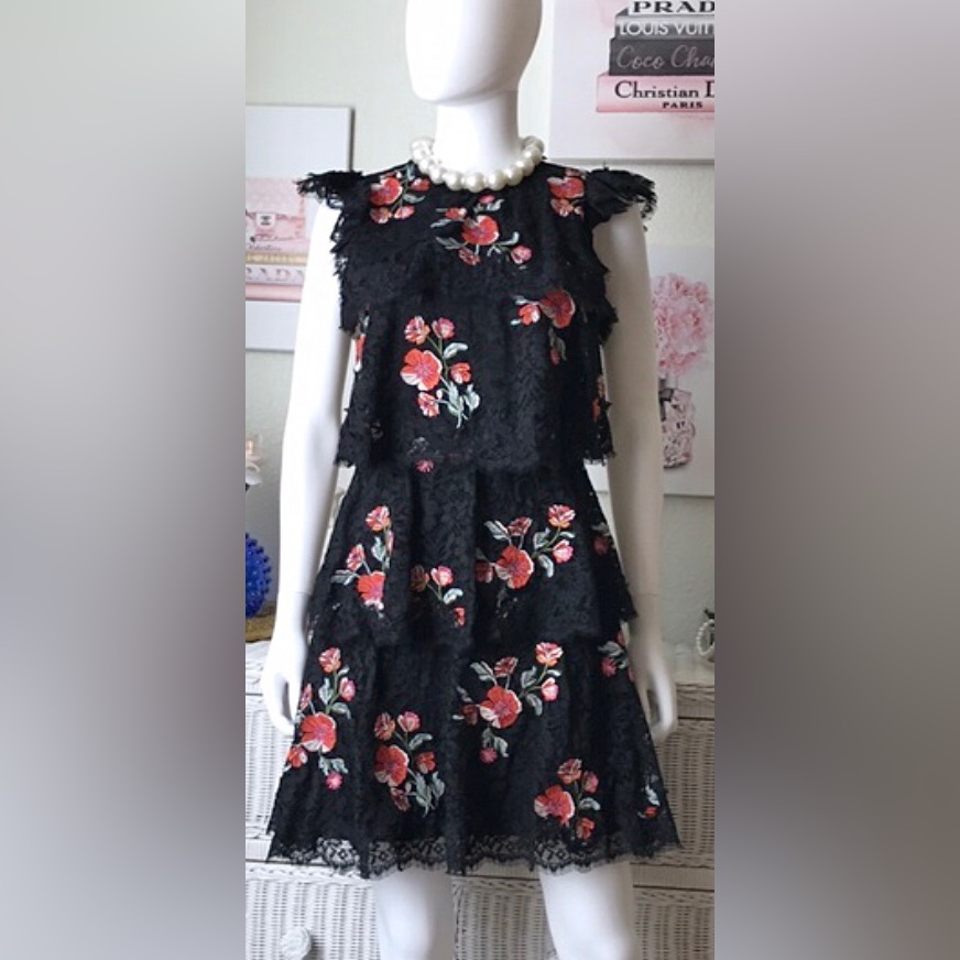 Rebecca Taylor Mini Dress Modest Ruffled Lace Red & Green Floral On Black Size 4